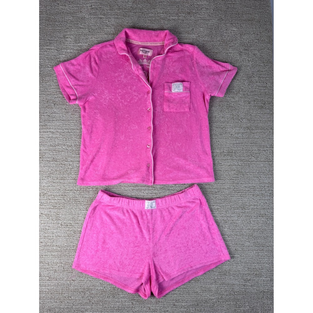 Juicy Couture Pink Terry Cloth Pajama Set Short Sleeve Button Top Shorts Medium